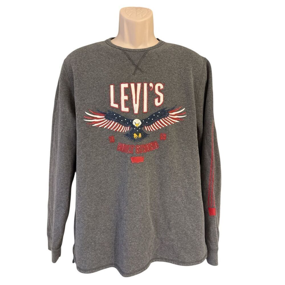 Levis Sweater Men Pullover Fleece Sweatshirt Red Tab Eagle Flag Gray Size Large
